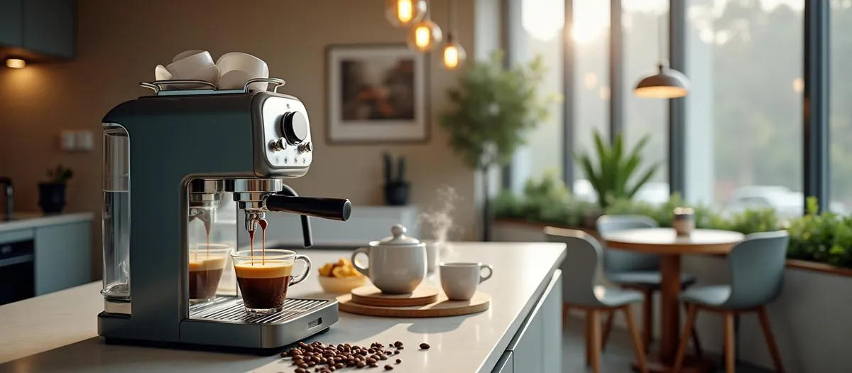 Kaffemaskine brygger espresso i et kontorkøkken med morgenlys