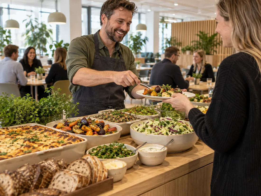 Kok anretter fra kantinebuffeten mens medarbejdere spiser i baggrunden