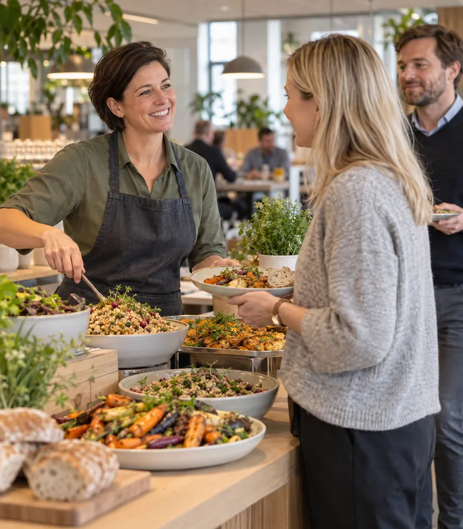 Kantinemedarbejder serverer frokost til medarbejdere ved buffeten
