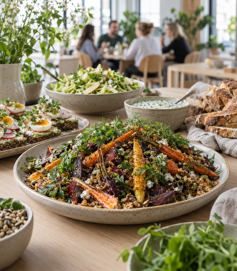 Økologisk frokostbuffet med bagte rodfrugter, salater og surdejsbrød på et kontor