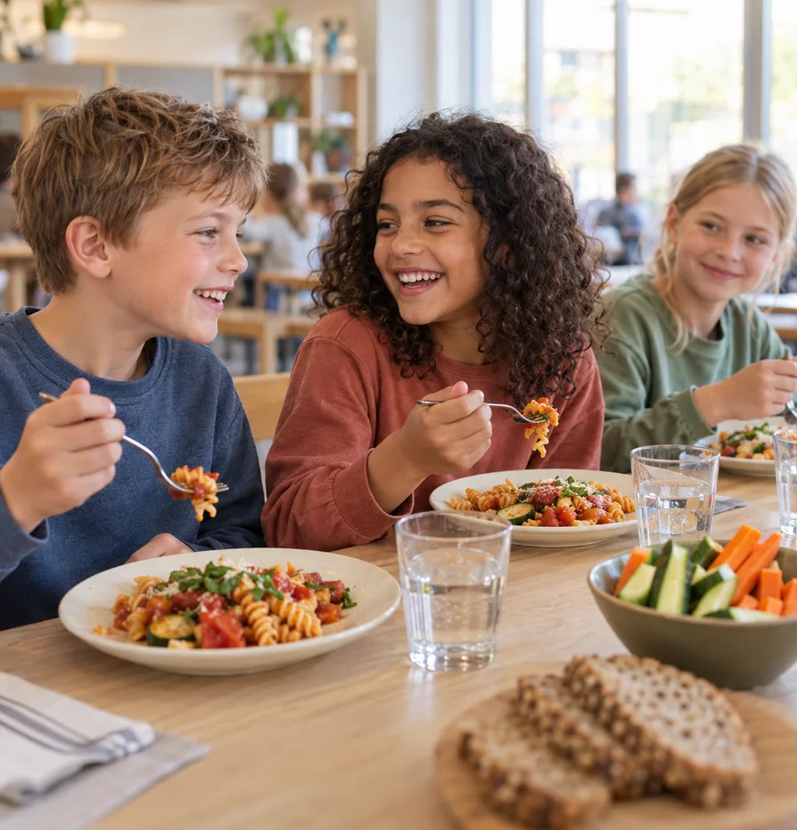 Tre skolebørn spiser pastaret med grøntsager og rugbrød ved et langbord
