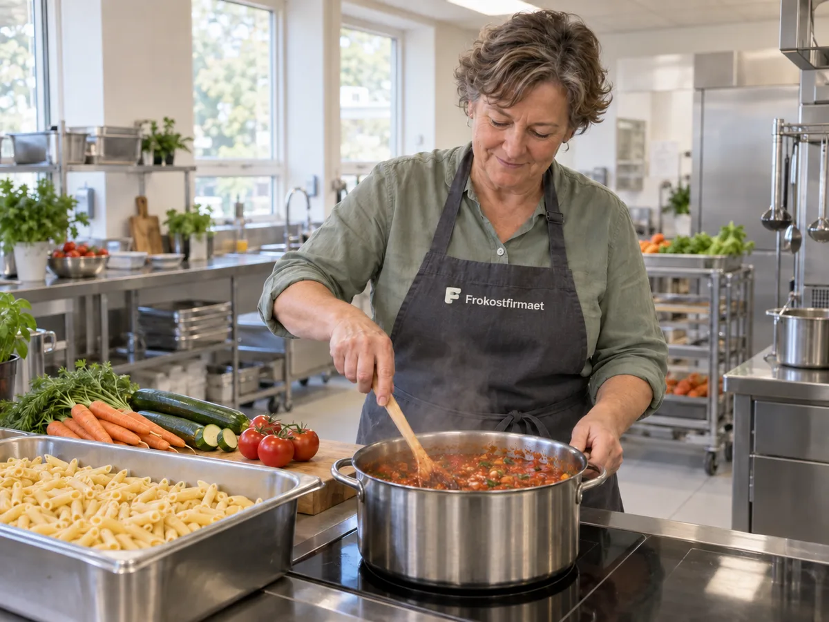 Madmor i skolens køkken rører i en gryde med pastasauce ved siden af friske grøntsager