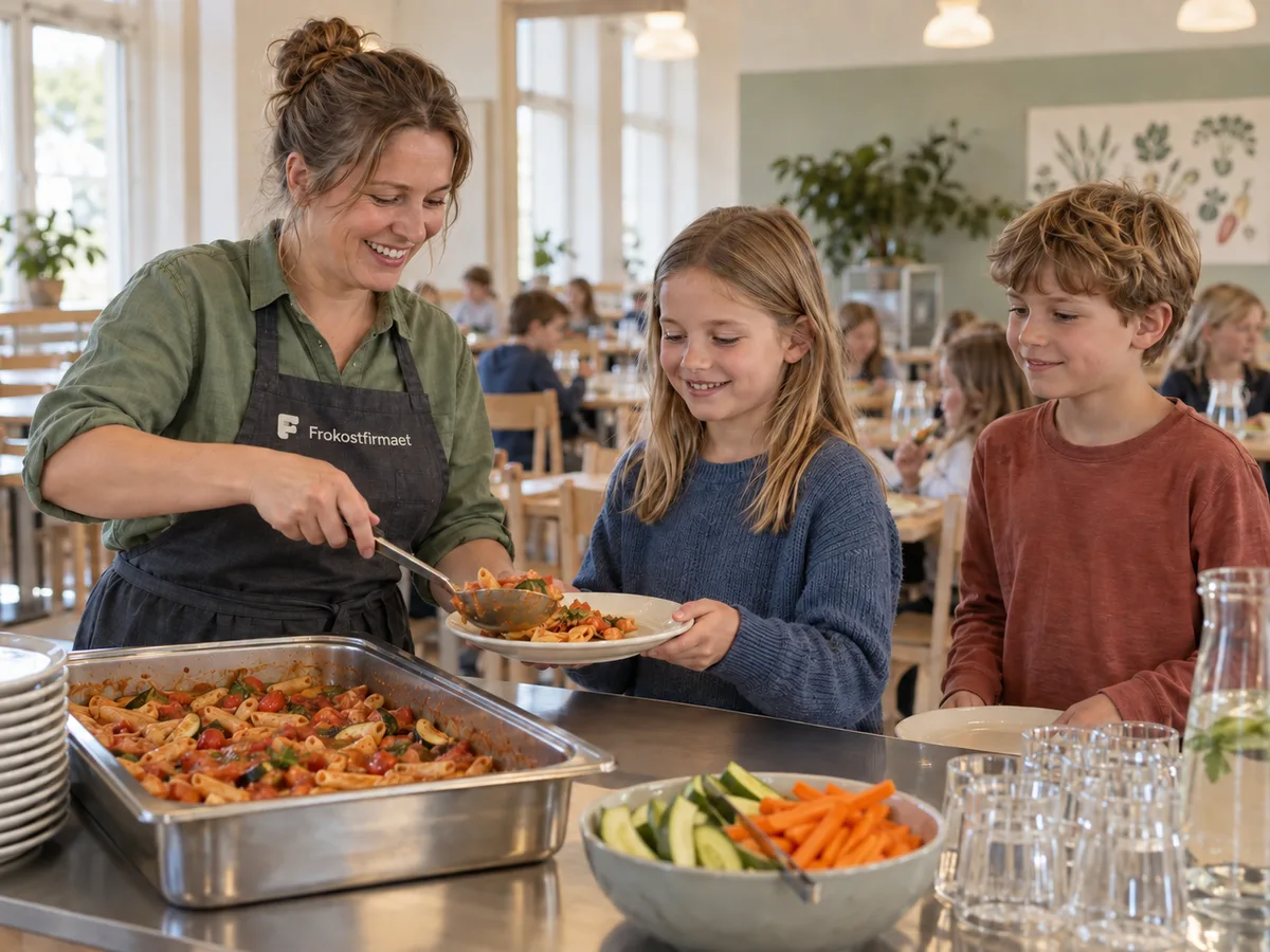 Madmor serverer pastaret til to elever i skolens spisesal