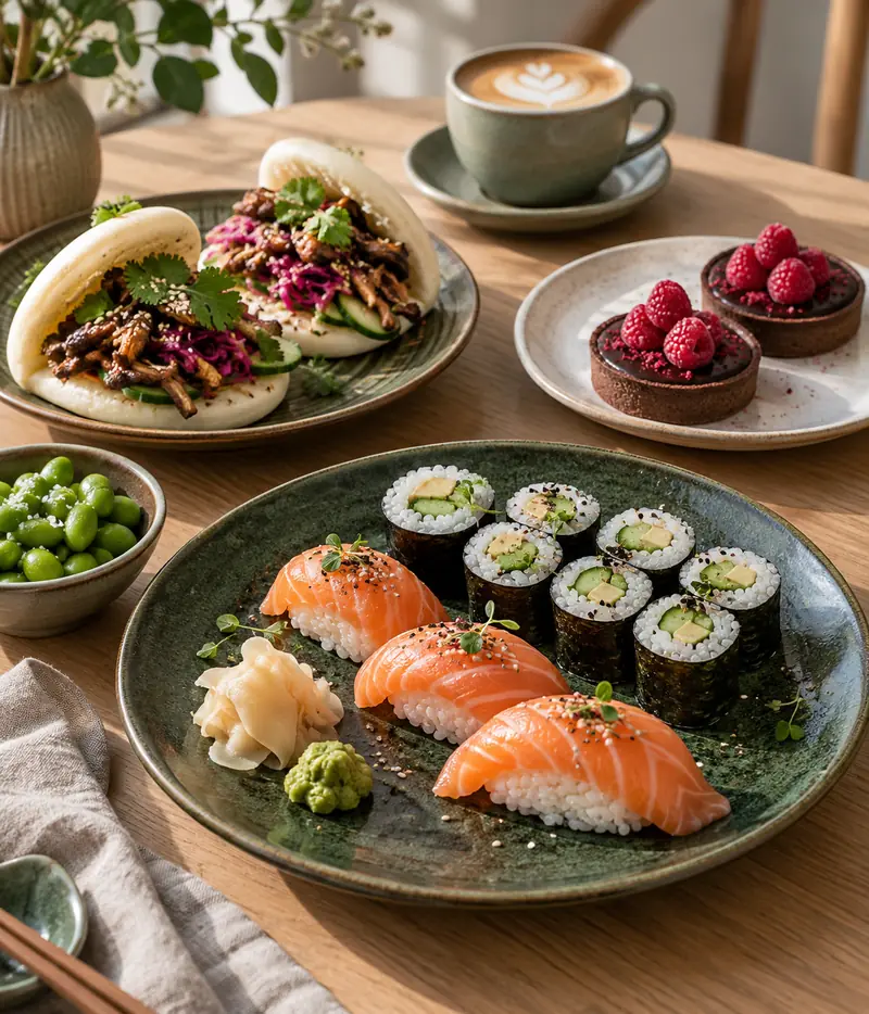 Bao buns, sushi, chokoladetarteletter med hindbær, edamame og kaffe anrettet på et bord