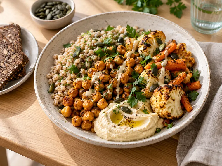 Frokostbowl med krydrede kikærter, perlebyg, hummus og bagte gulerødder