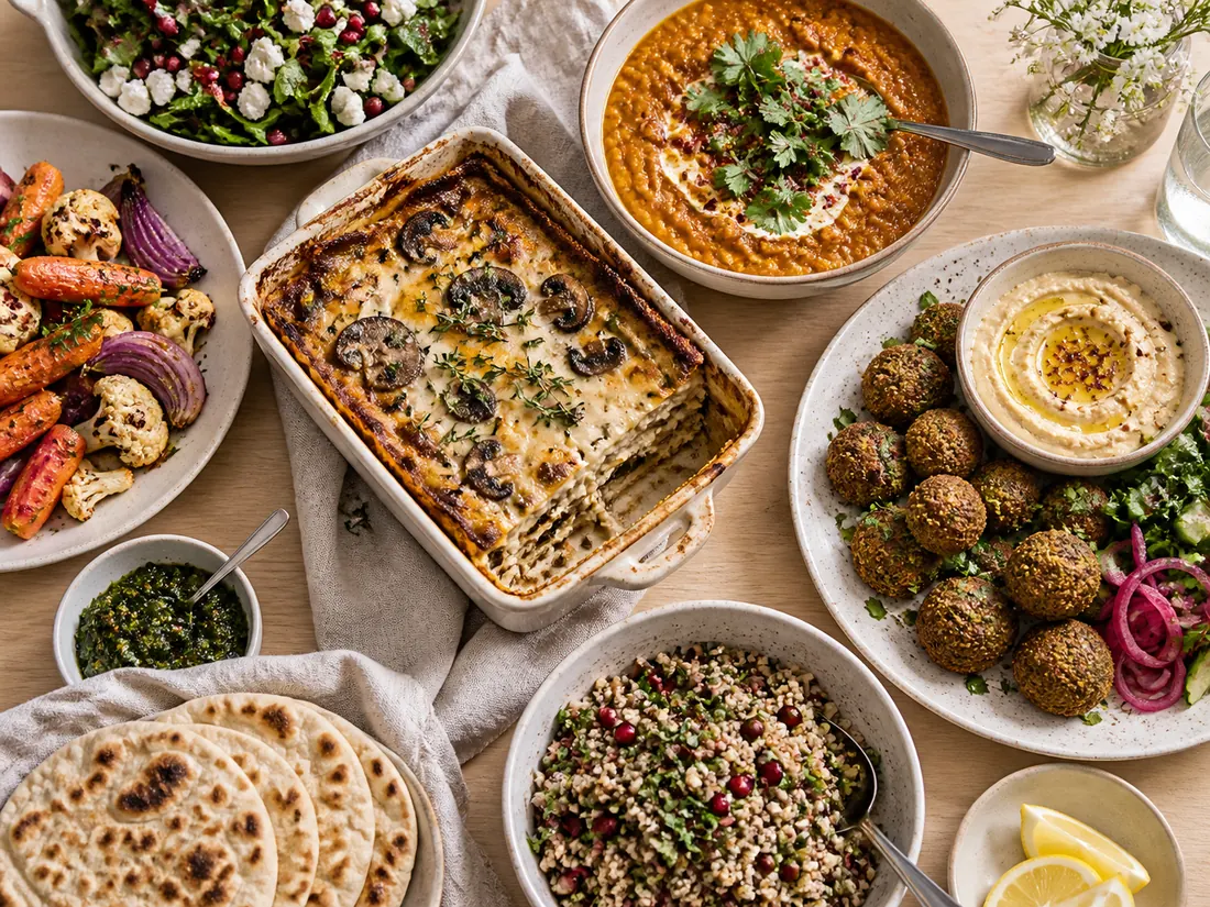 Vegetarisk frokostbuffet set oppefra med lasagne, dhal, falafel og salater