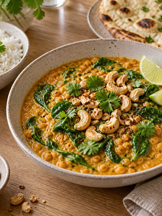Dhal med kokos, lime, spinat og ristede cashewnødder