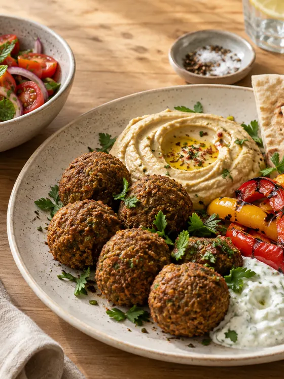 Falafel med tzatziki, hummus, grillede peberfrugter og fladbrød