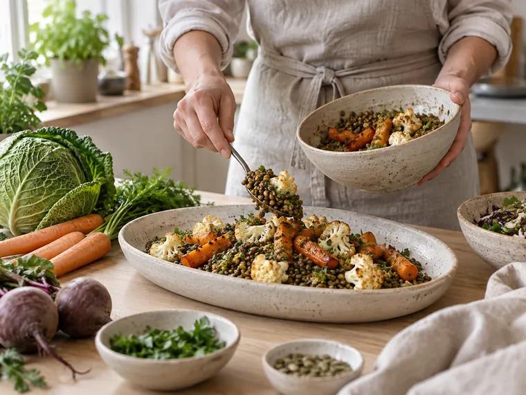 Kok anretter linsesalat med bagt blomkål og gulerødder i køkkenet