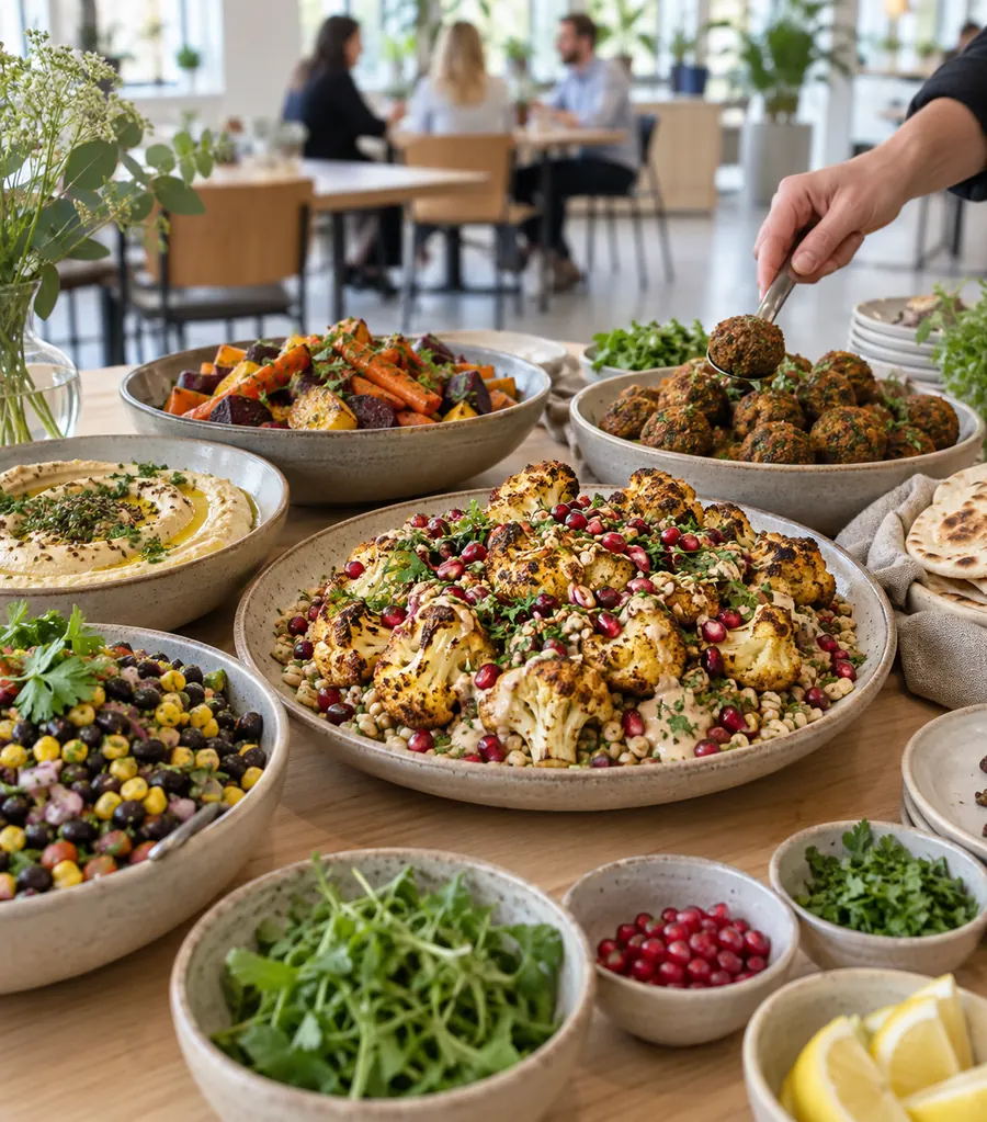 Vegetarisk frokostbuffet anrettet på et kontor med medarbejdere i baggrunden