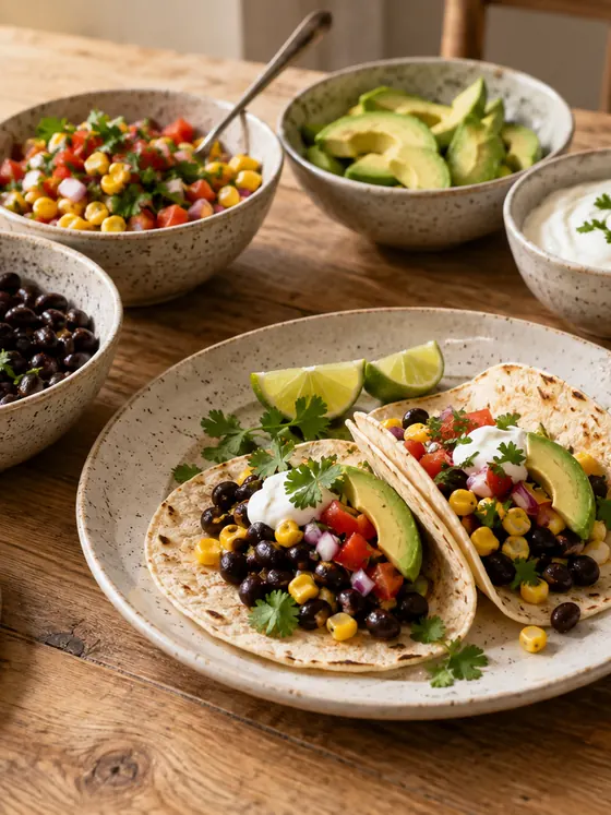 Grøn taco-buffet med sorte bønner, majssalsa og avocado