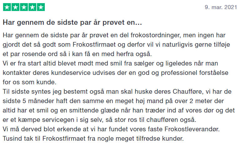 Trustpilot review af Frokostfirmaet som leverandør af frokostordning Aarhus